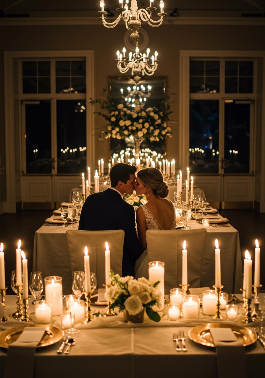 Intimate candlelit dinner setting with flickering flames creating romantic ambiance for newlywed couple
