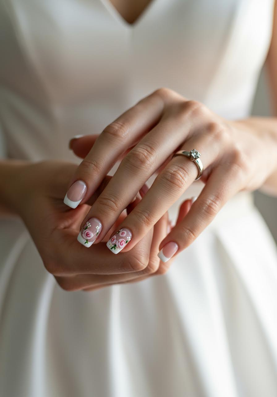 Elegant French manicure enhanced with small painted white flowers and botanical details on natural nail base in bridal setting
