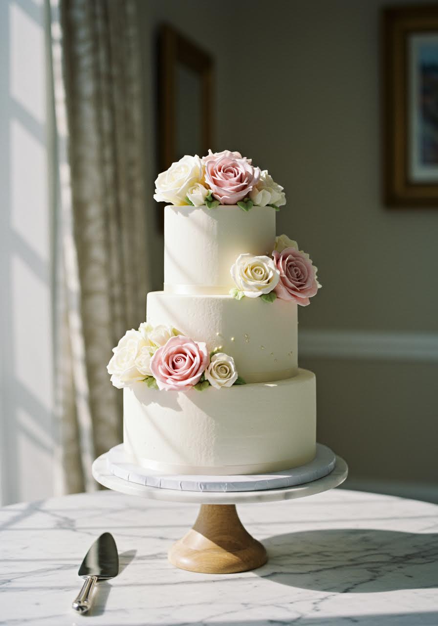 Traditional three-tier white wedding cake featuring delicate buttercream roses and elegant piping