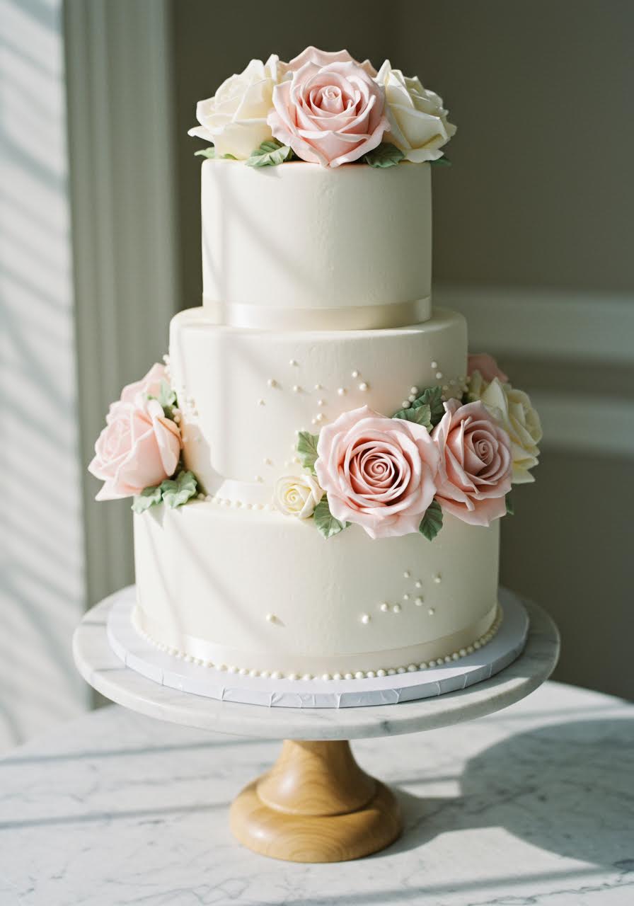 Close-up detail of buttercream rose decoration on pristine white wedding cake