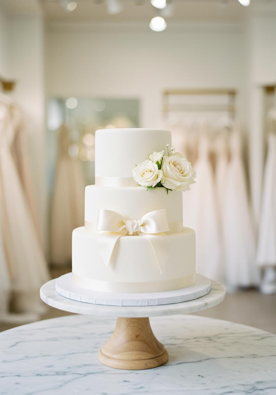 Two-tier white wedding cake wrapped with pristine satin ribbon in bridal boutique setting