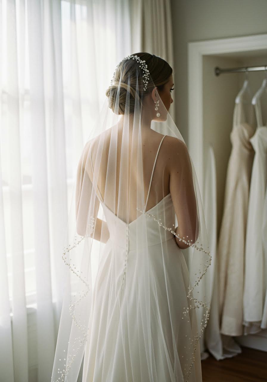 Romantic fingertip-length veil with delicate pearl and crystal beaded edges in sunlit bridal boutique