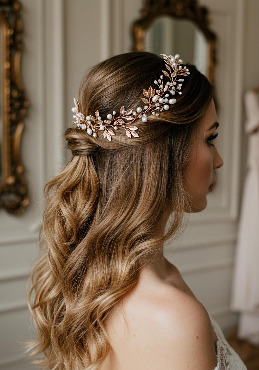 Bride with delicate gold vine-style hairpieces featuring pearl and crystal leaf details in cream-walled boutique