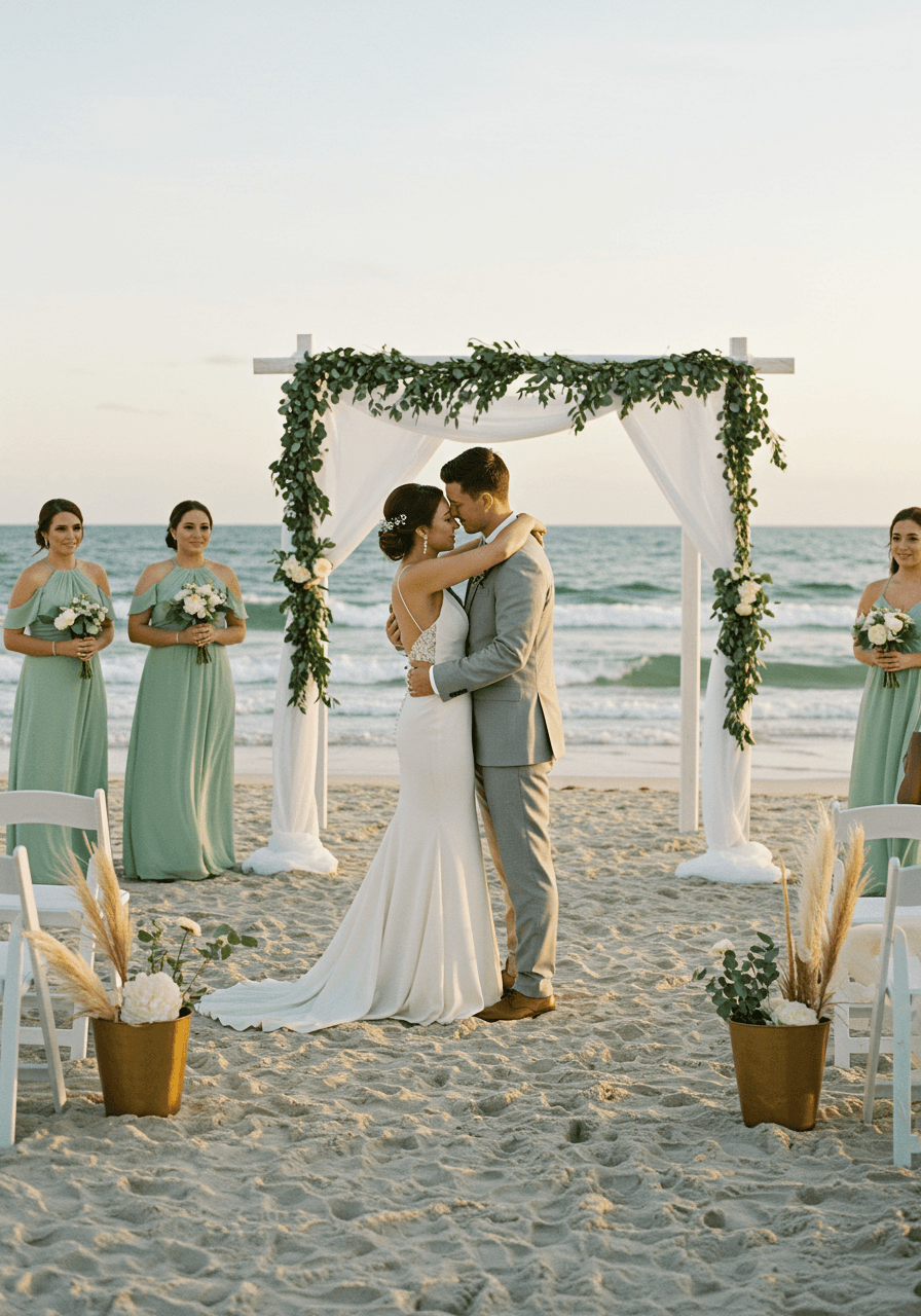 Couple embracing on sandy beach with sage green and dusty blue wedding décor during golden hour