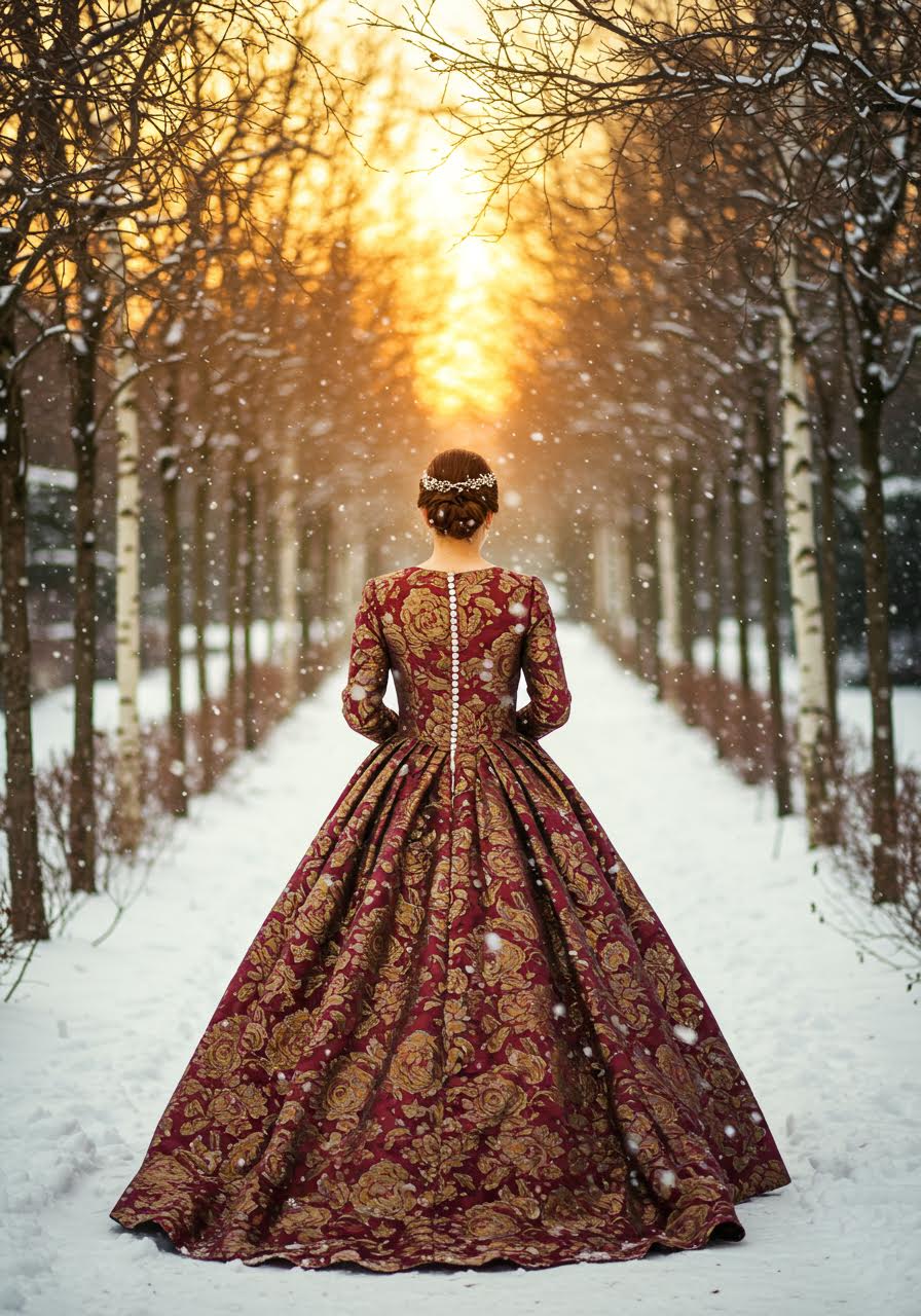Bride wearing metallic brocade dress with intricate thread details