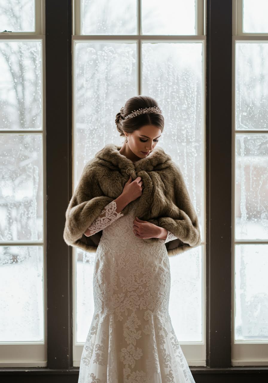 Close-up of bride wearing elegant faux fur cape over wedding dress