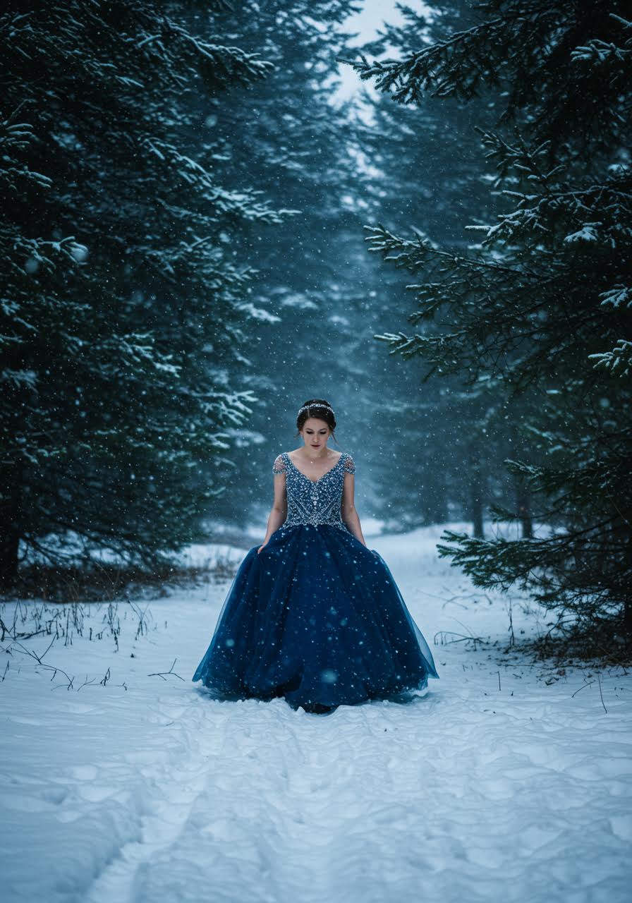 Bride wearing deep emerald dress with dramatic cathedral train in snowy landscape