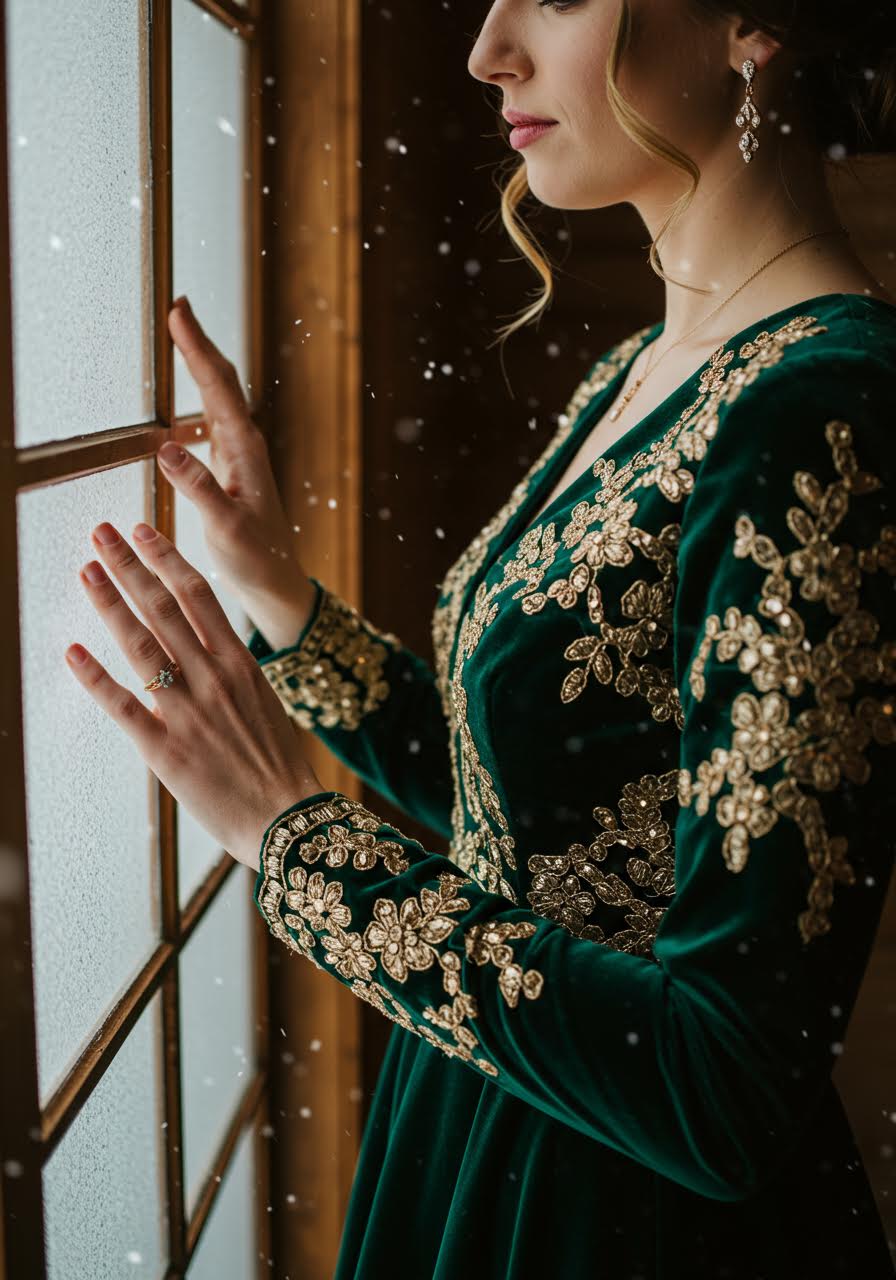 Bride in sapphire blue gown standing in twilight forest setting