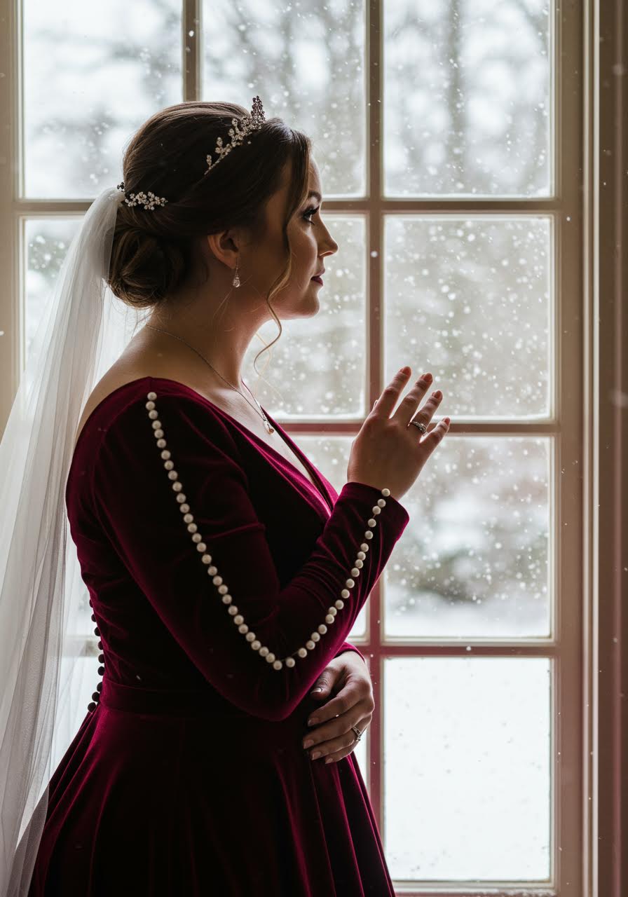 Bride in burgundy velvet wedding dress standing outside stone manor house
