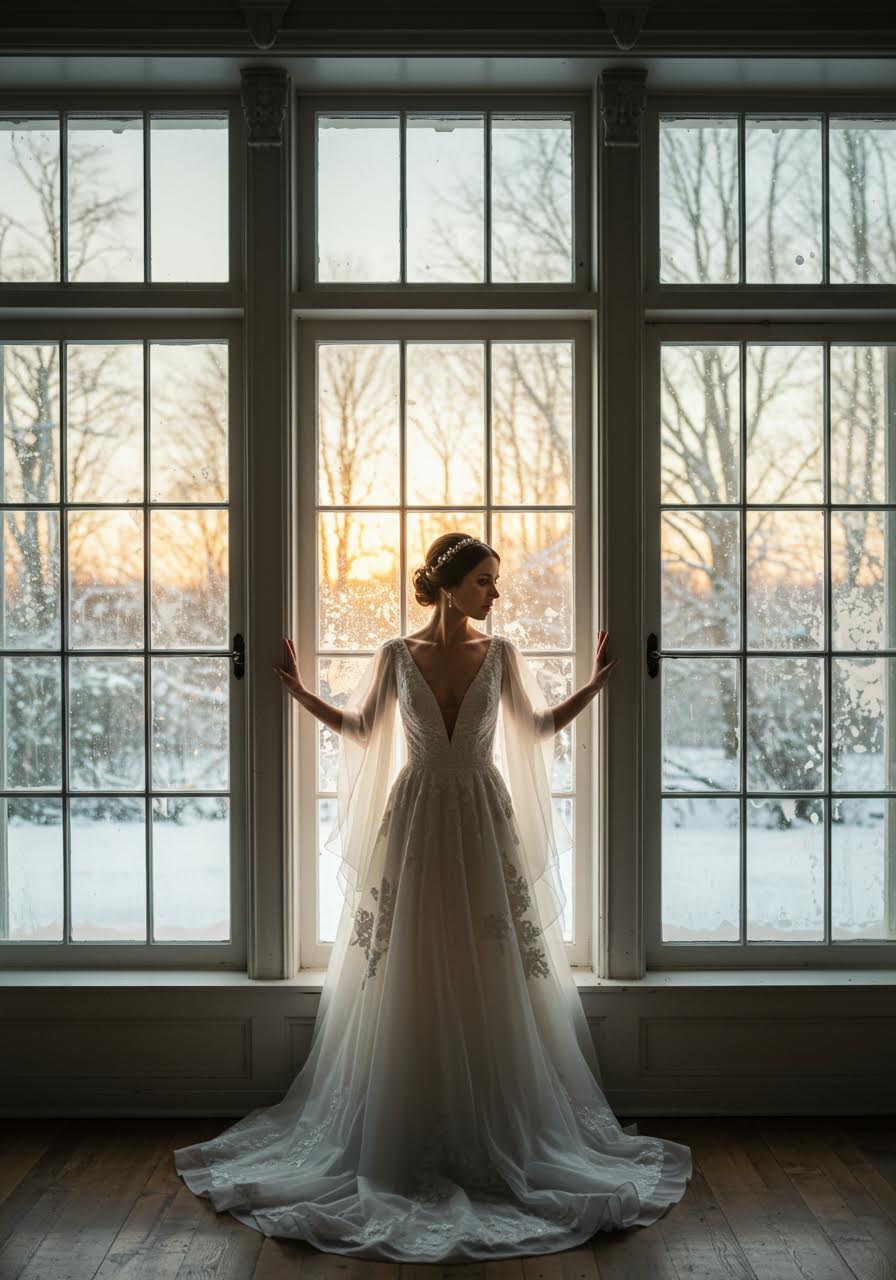 Bride in V-neck dress with cape walking through winter forest