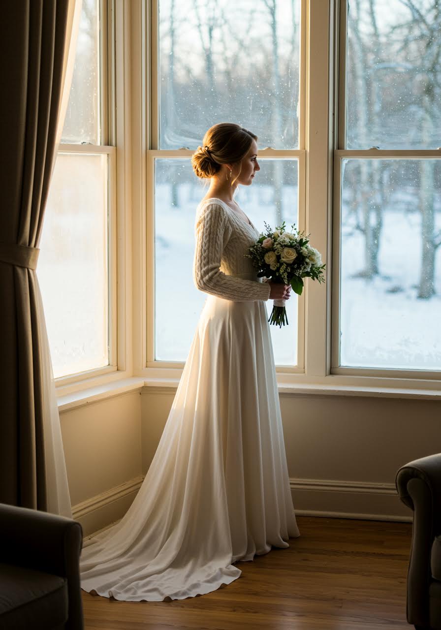 Bride touching frost-covered window wearing cashmere wedding dress details