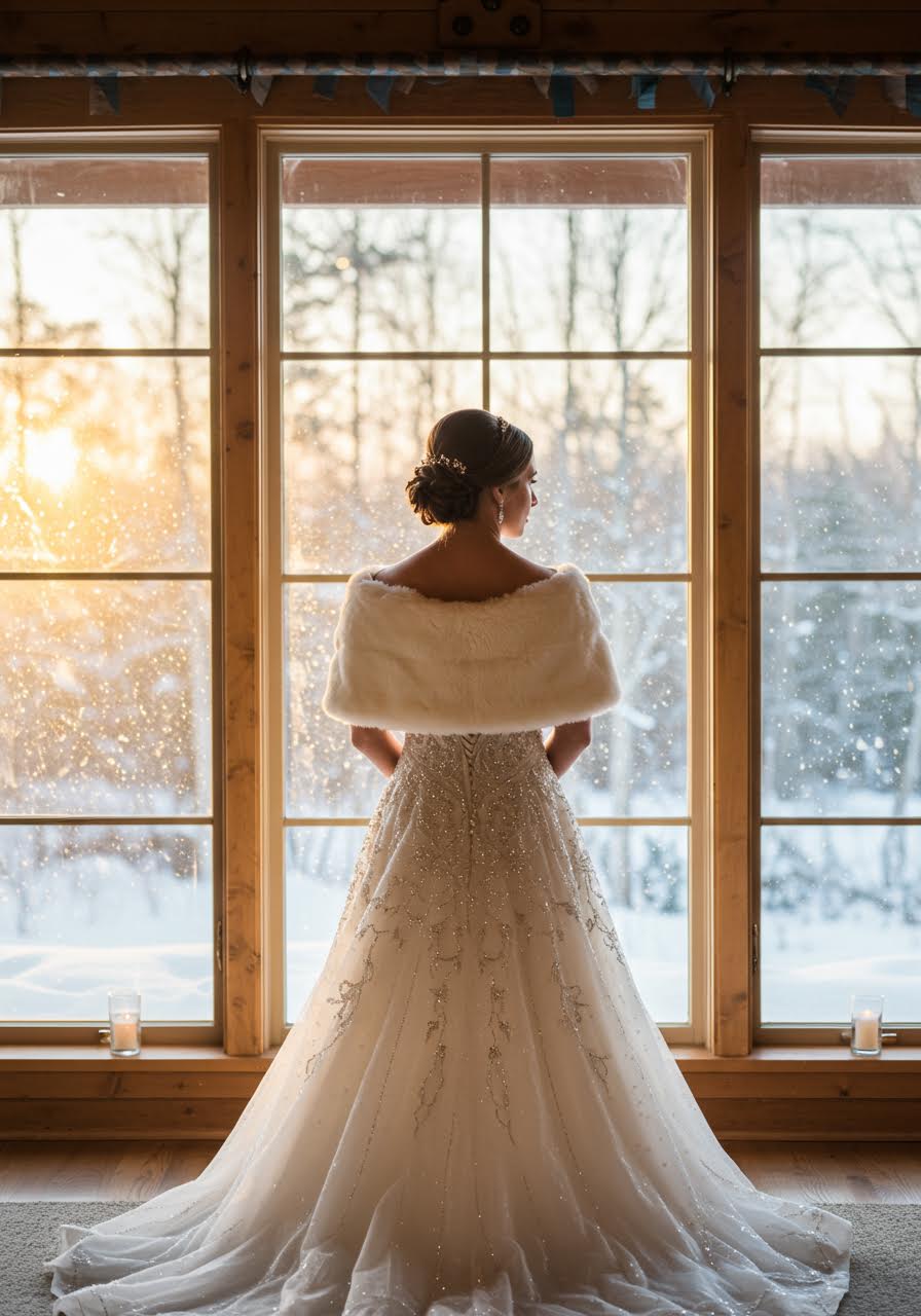 Bride wearing delicately beaded gown walking through pine trees