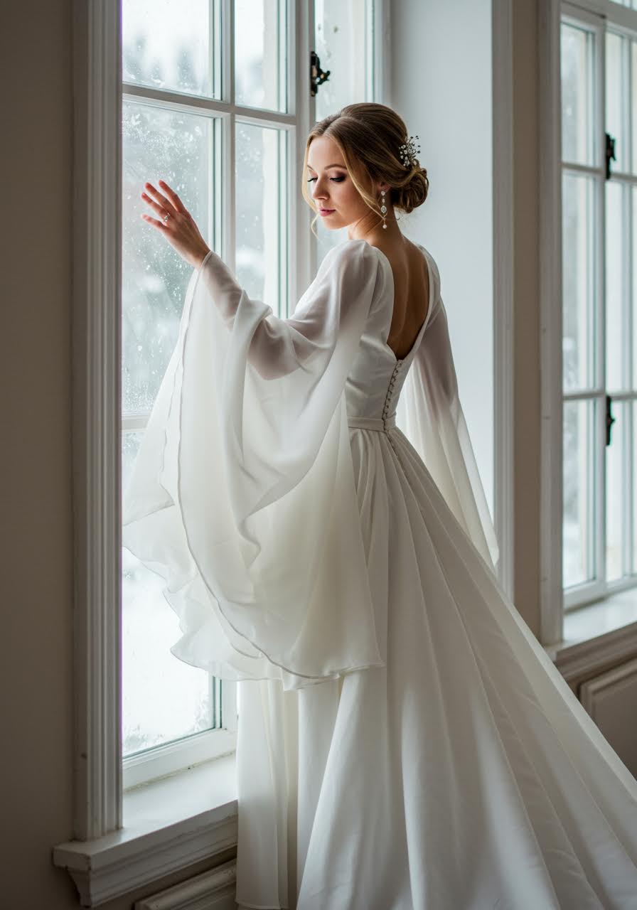 Bride walking in dramatic statement sleeve dress outside manor