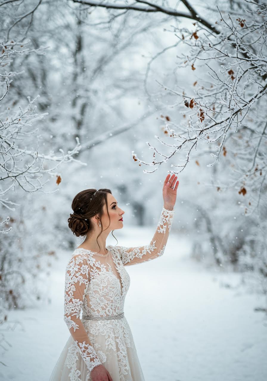 Bride wearing high-neck lace dress standing by cabin window