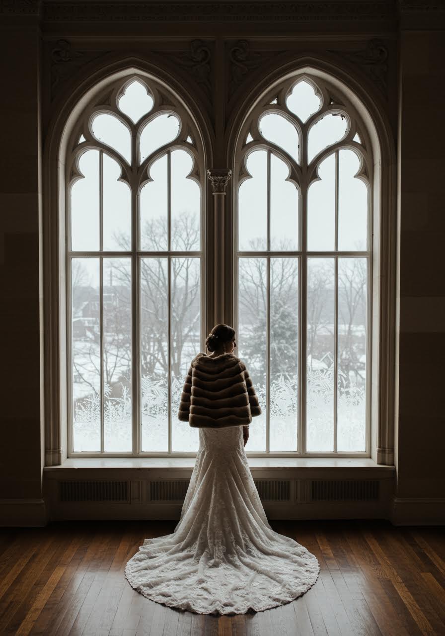 Bride in emerald velvet dress with fur cape walking near mountain cabin