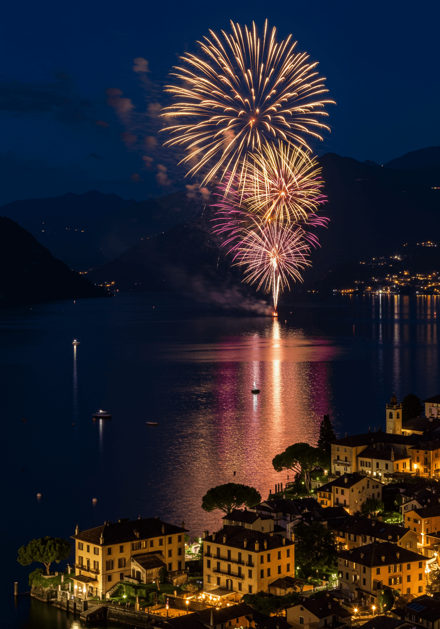 Spectacular fireworks display bursting over Lake Como night waters