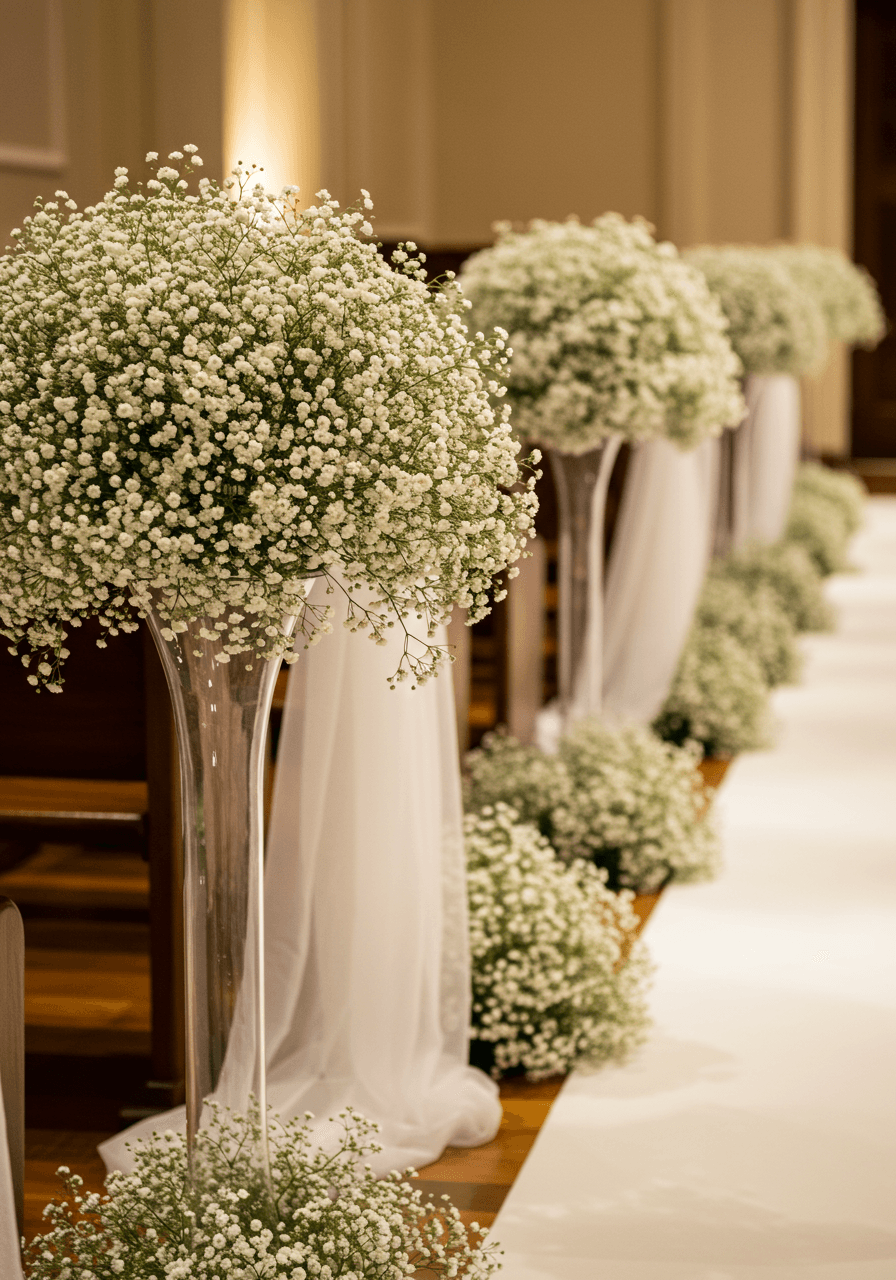 Baby's breath arrangements on tall glass pedestals creating floating cloud effect in chapel