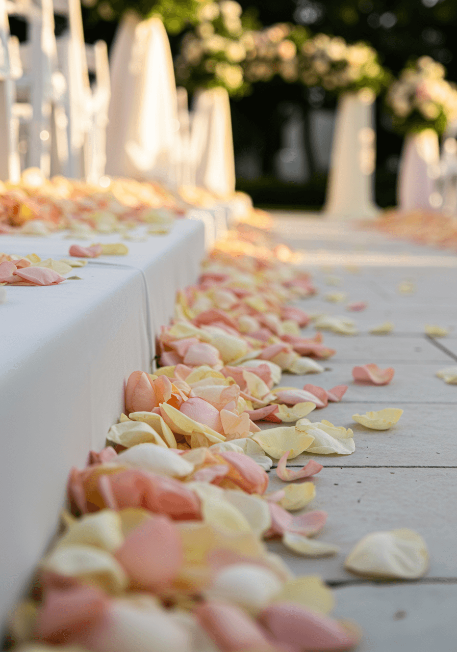 Close-up detail of blush pink and cream rose petals cascading down white fabric aisle runner steps