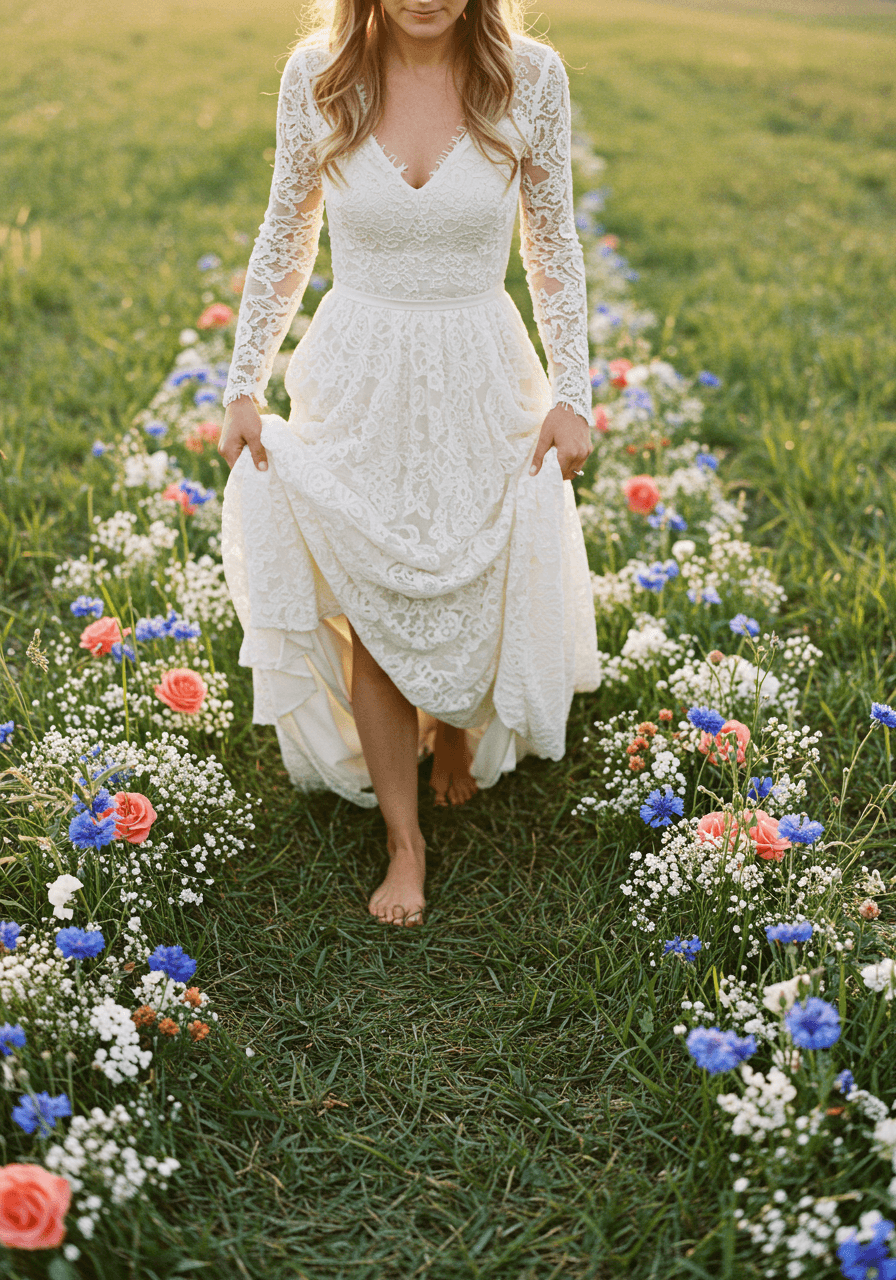 Portrait of bride in flowing bohemian dress surrounded by wildflower meadow
