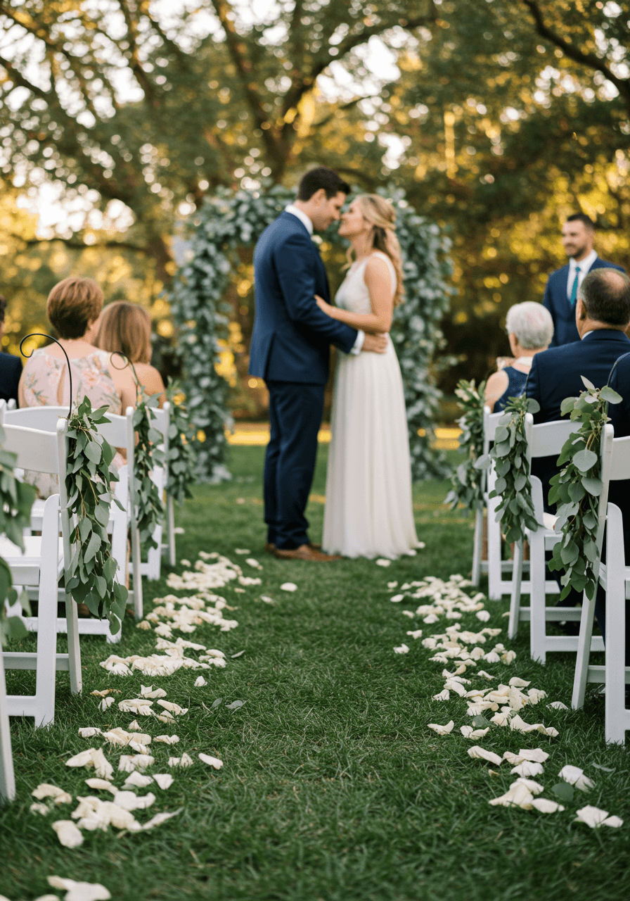 Intimate moment of bride and groom on eucalyptus-lined wedding aisle in garden setting