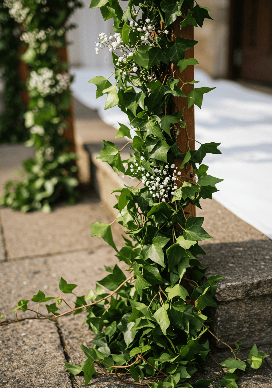 Ivy vines cascading down white fabric aisle runner on stone chapel steps during golden hour