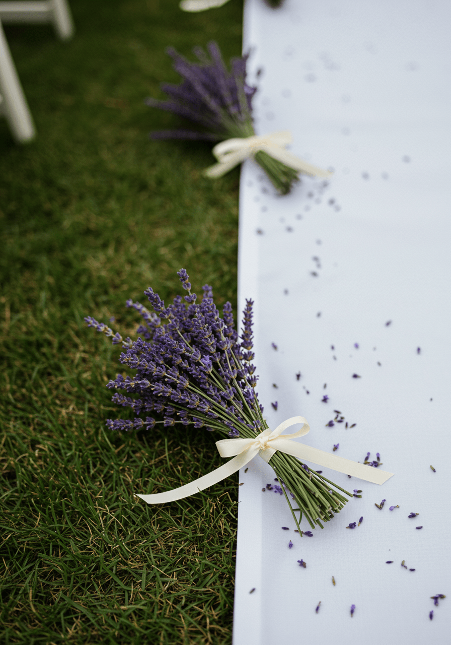 Detail of white wedding aisle runner decorated with fresh lavender sprigs and ribbon bundles