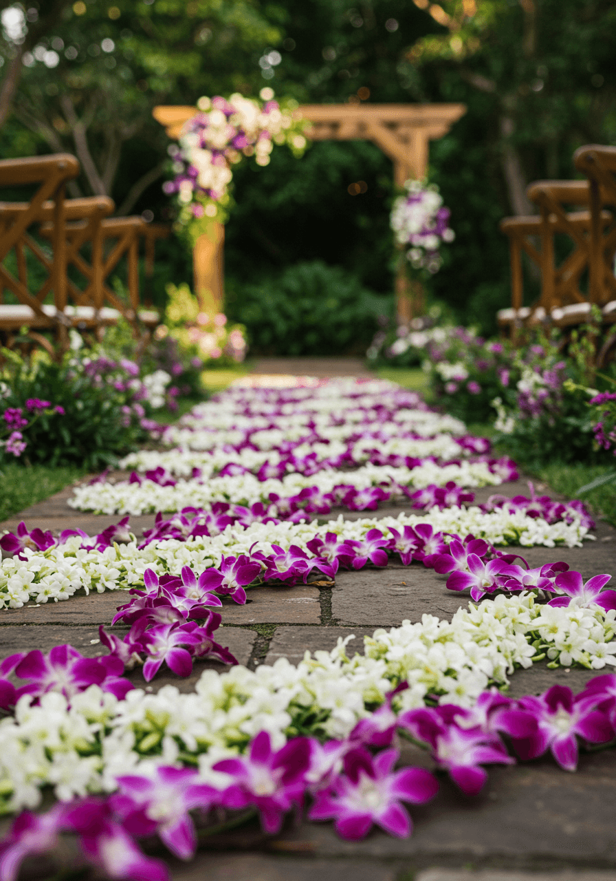 Ground-level detail of purple and white orchid blooms creating intricate floral pathway texture