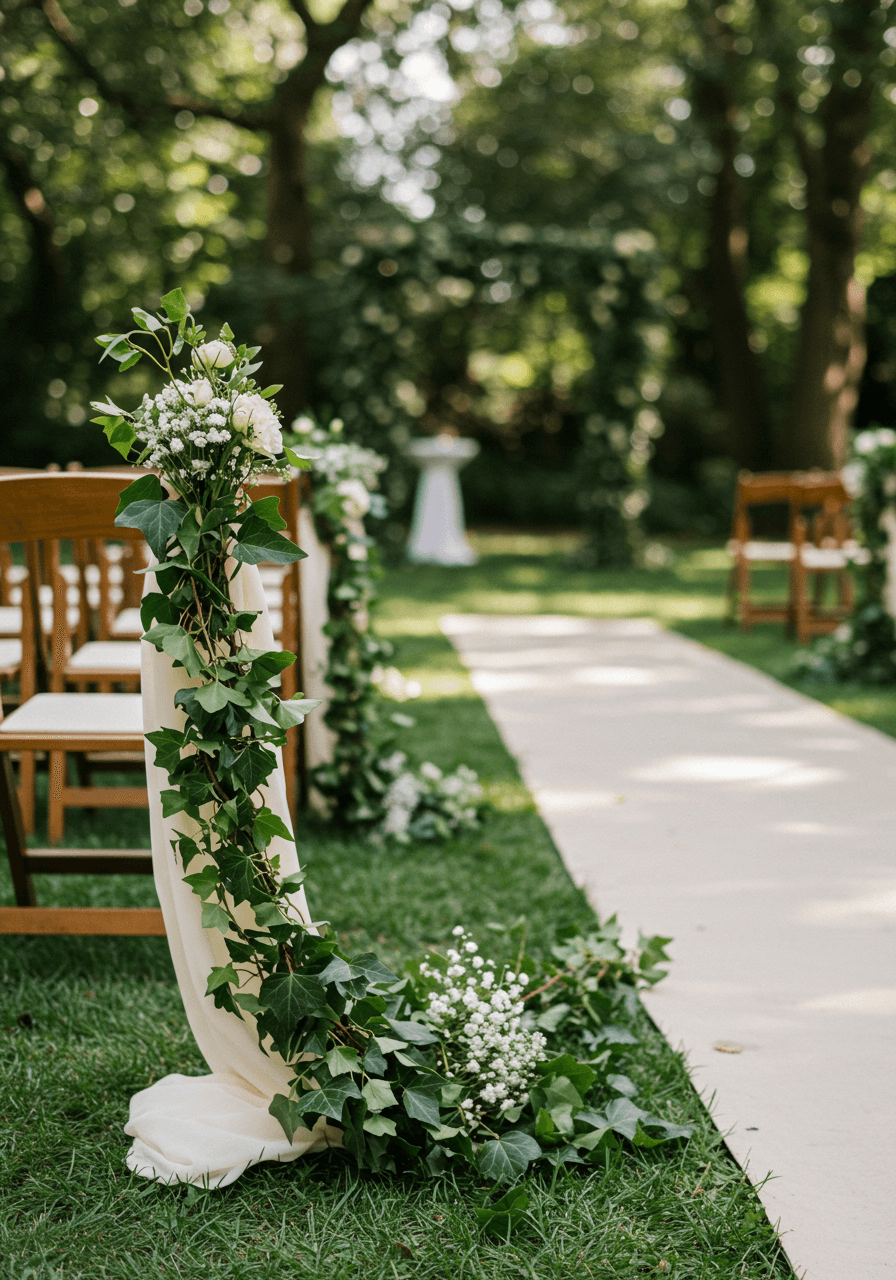 Wedding aisle runner adorned with cascading ivy vines and greenery in garden ceremony