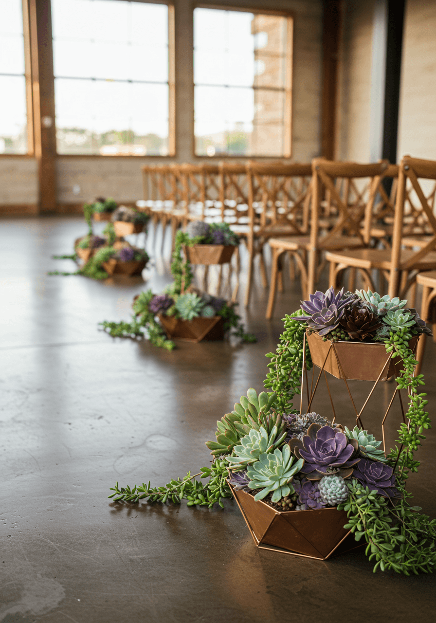 Succulent arrangements in copper geometric planters on concrete floor in modern wedding venue