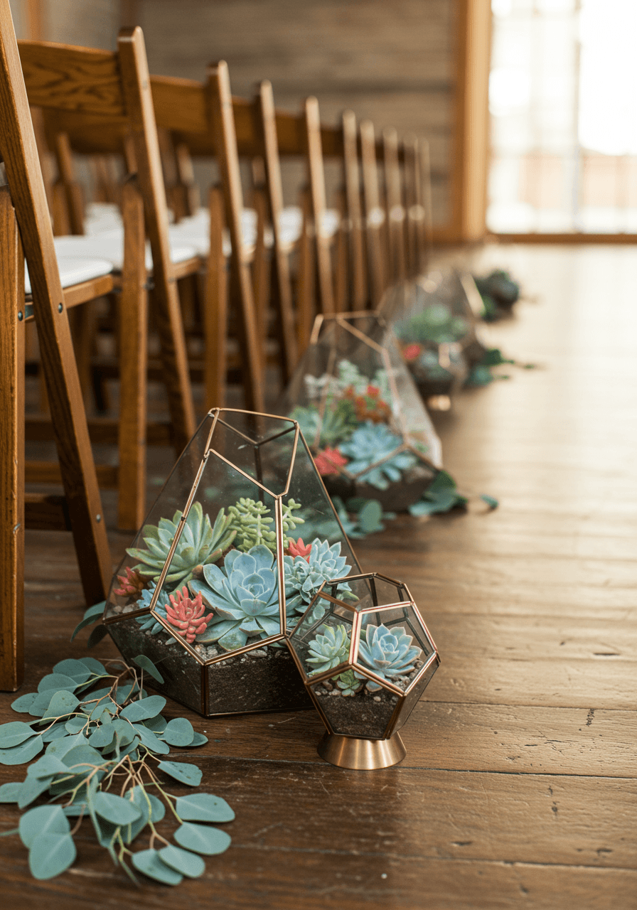 Mixed succulent arrangements in geometric glass terrariums lining industrial wedding venue aisle