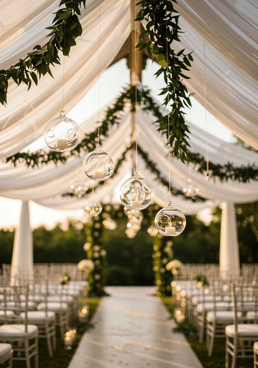 Glass sphere installation with white draping and greenery accents in contemporary ceremony venue