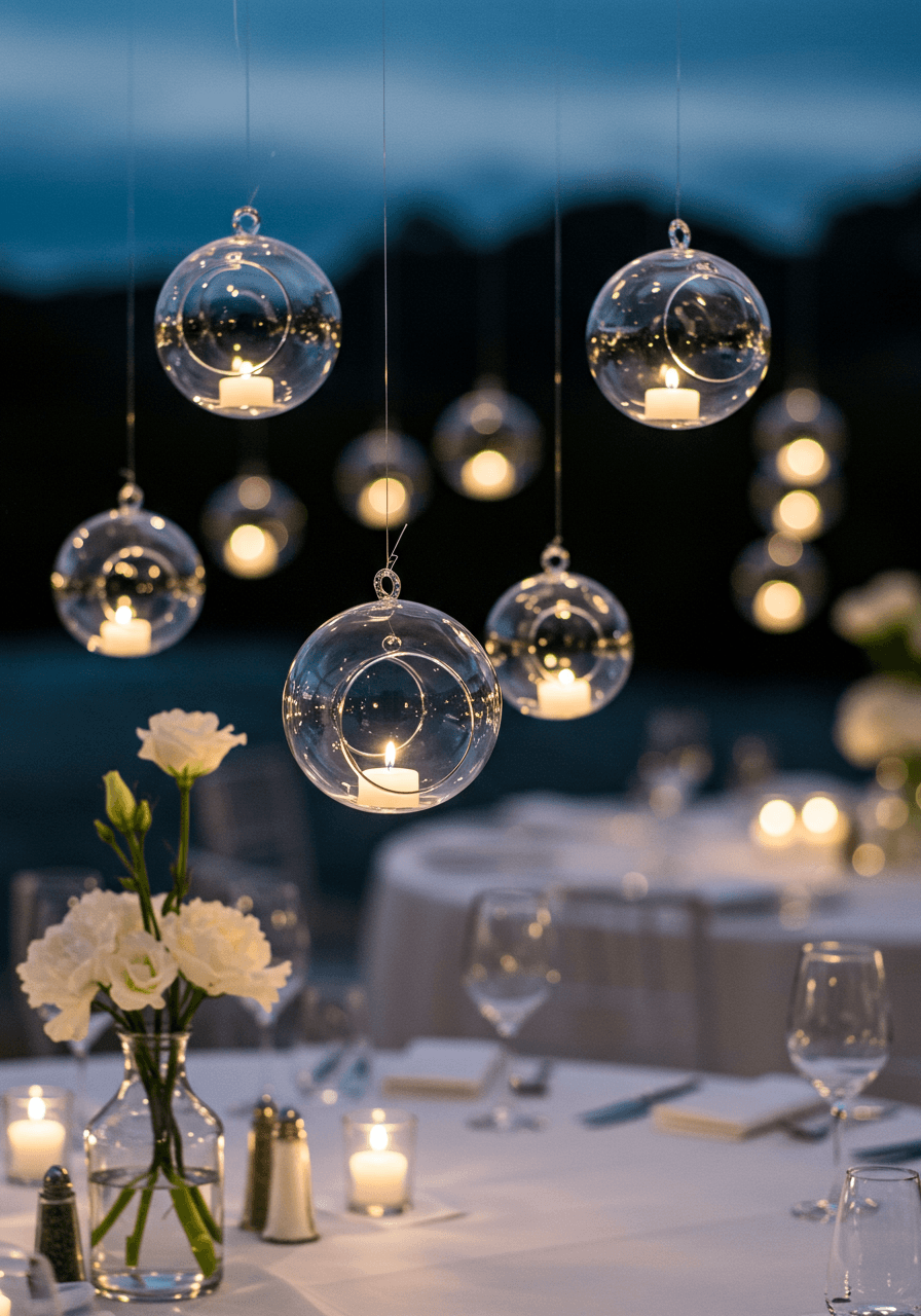 Translucent glass orbs of different sizes suspended above minimalist reception table with crisp white linens