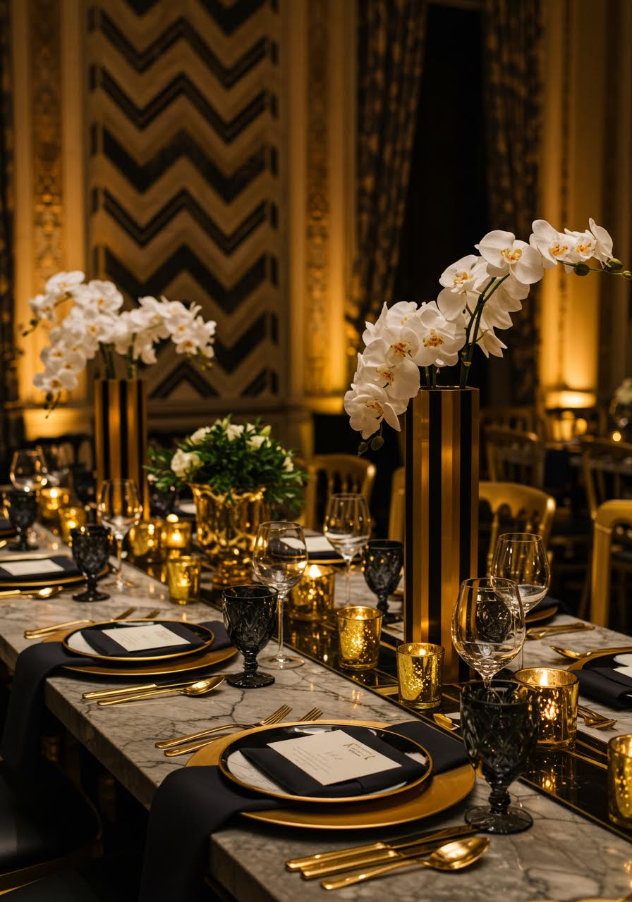 Elaborate Art Deco wedding tablescape with geometric gold charger plates and black napkins on marble table with zigzag patterned walls