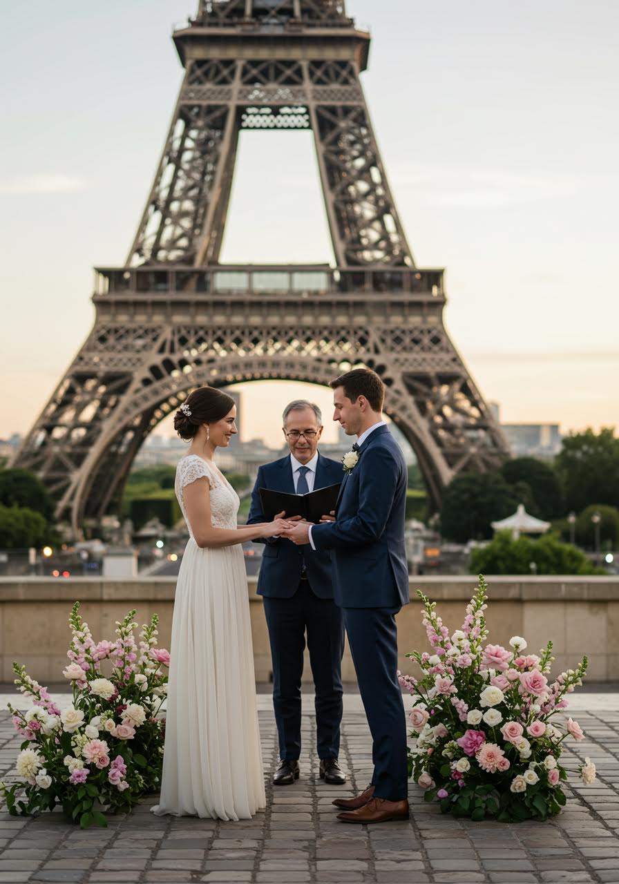 Bride and groom exchanging vows in flowing ivory gown and navy suit with Eiffel Tower creating dramatic backdrop during golden hour