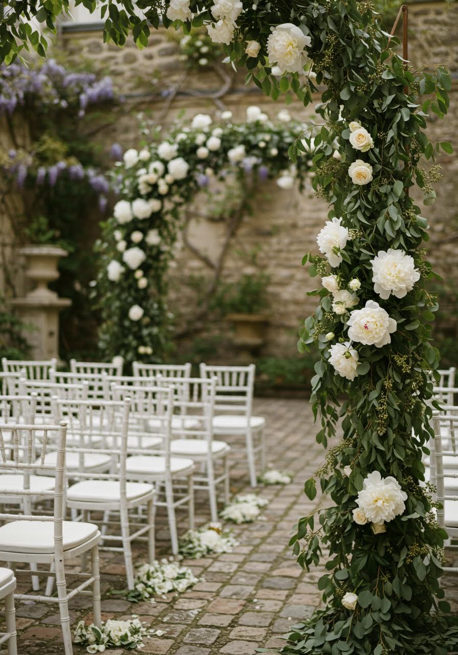 Romantic outdoor wedding ceremony setup in secret Parisian courtyard garden with white chairs facing floral arch during golden hour