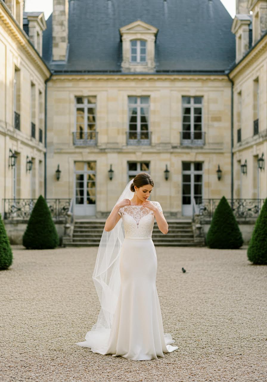 Elegant bride in ivory silk dress with lace details posed in limestone château courtyard with wrought iron architectural elements