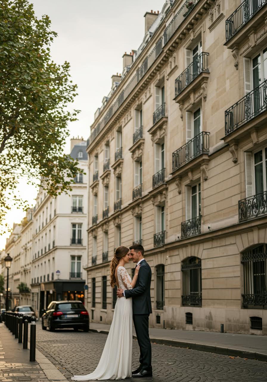 Couple in wedding attire strolling tree-lined Parisian boulevard with honey-coloured limestone buildings and ornate architectural details