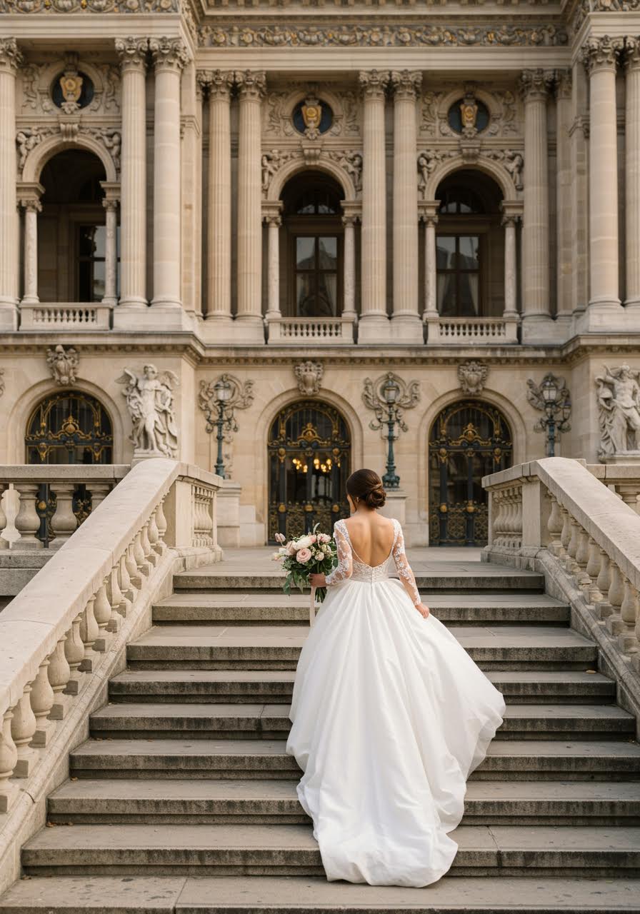 Elegant bride in silk wedding dress with delicate lace details posed on ornate Palais Garnier steps with Beaux-Arts architecture backdrop