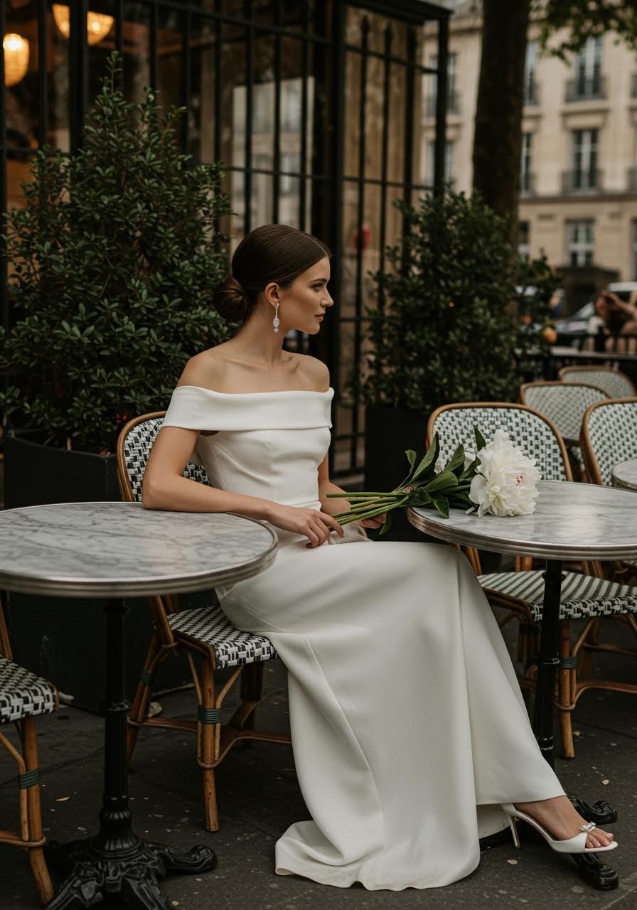 Bride in minimalist off-shoulder crepe wedding dress sitting elegantly at sidewalk café table along Champs-Élysées during golden hour