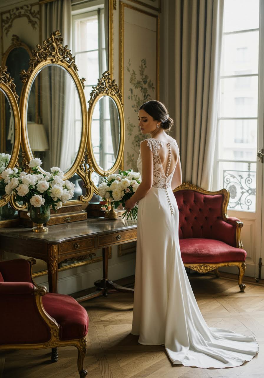 Bride in ivory silk gown with lace appliqués and pearl buttons standing beside ornate vintage vanity with gilded mirrors in opulent Parisian salon