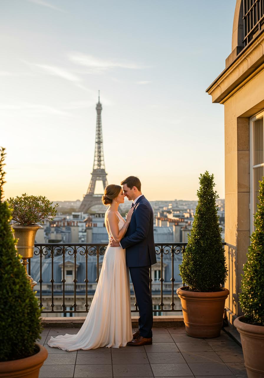 Bride and groom sharing intimate moment on luxurious Parisian rooftop terrace with Eiffel Tower visible in distance during golden hour