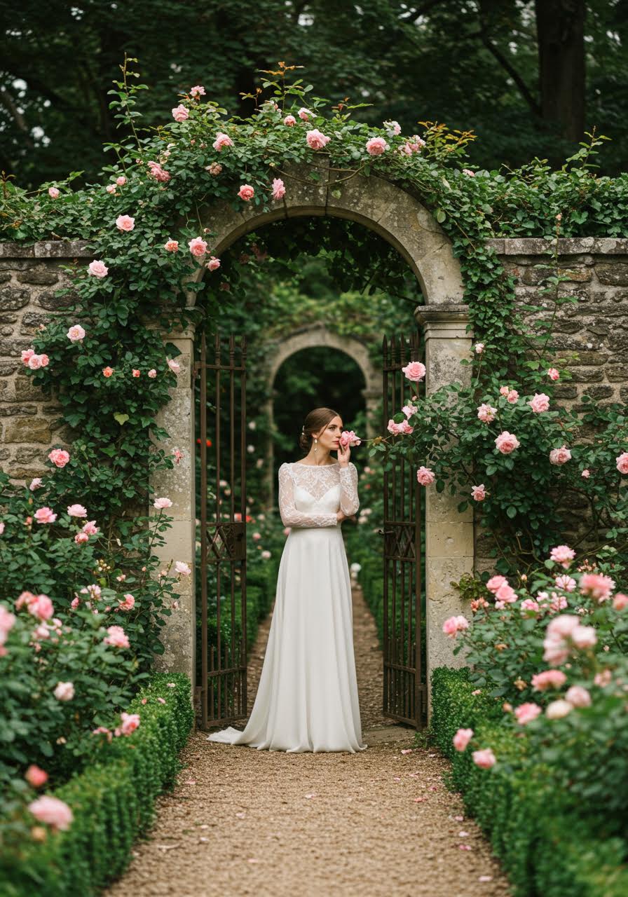 Romantic bride in delicate lace sleeve dress strolling through secret garden with blush pink roses and weathered limestone walls