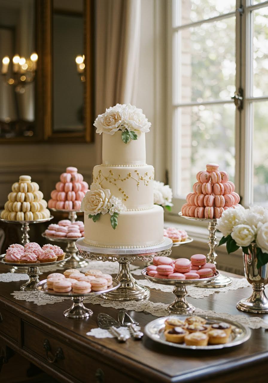 Elegant three-tiered wedding cake surrounded by elaborate display of French macarons and petit fours on vintage silver pedestals in Parisian patisserie