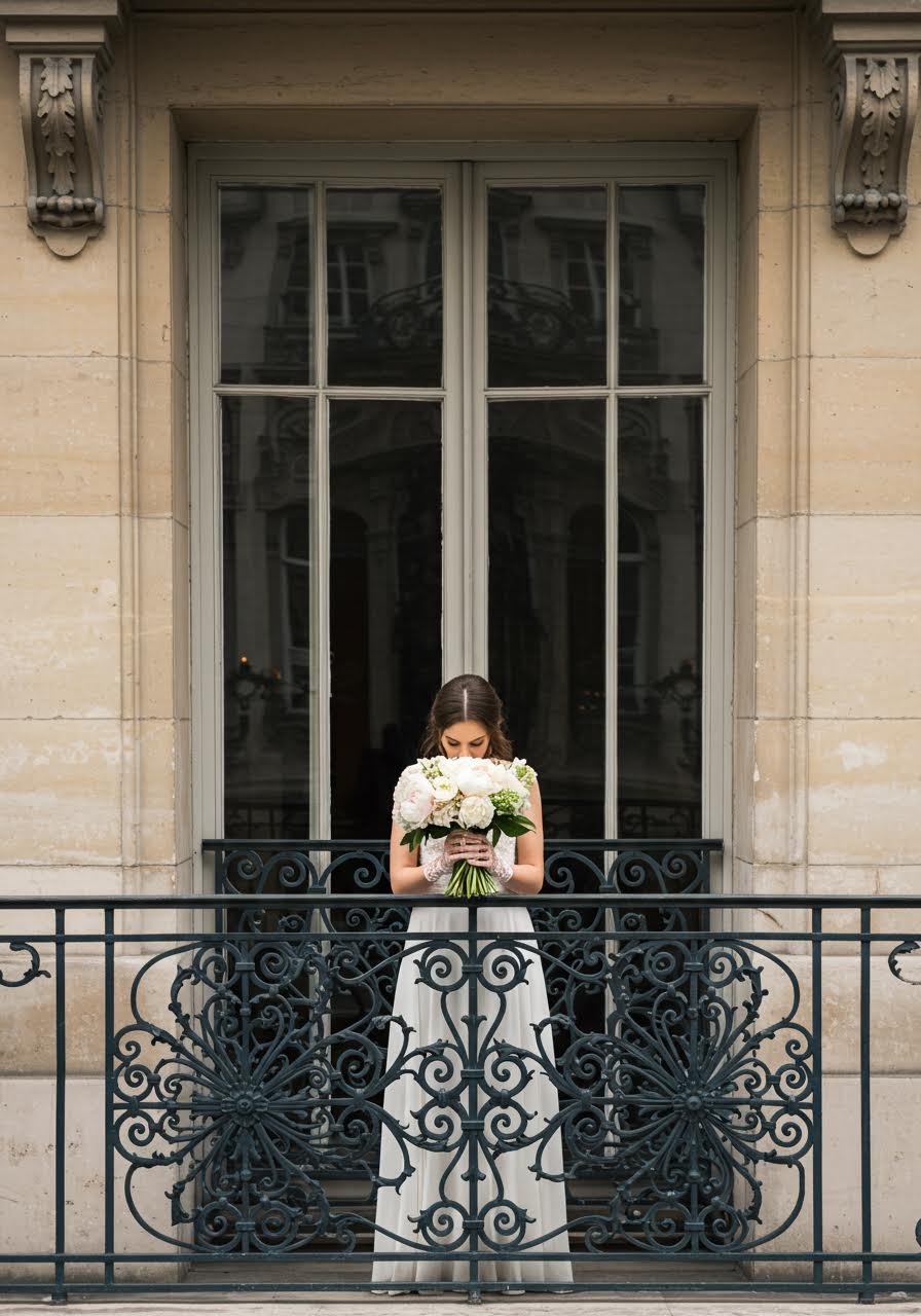 Detailed shot of bridal bouquet with white and blush peonies against classic Haussmann building's wrought-iron scrollwork and French doors