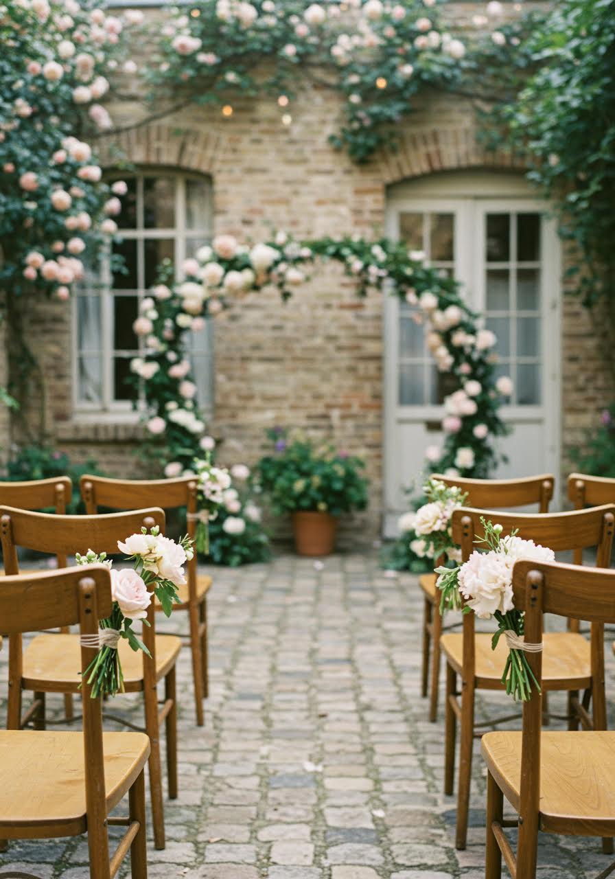 Intimate courtyard wedding with rustic wooden seating, cream and blush florals, aged brick walls and cobblestone flooring in peaceful setting