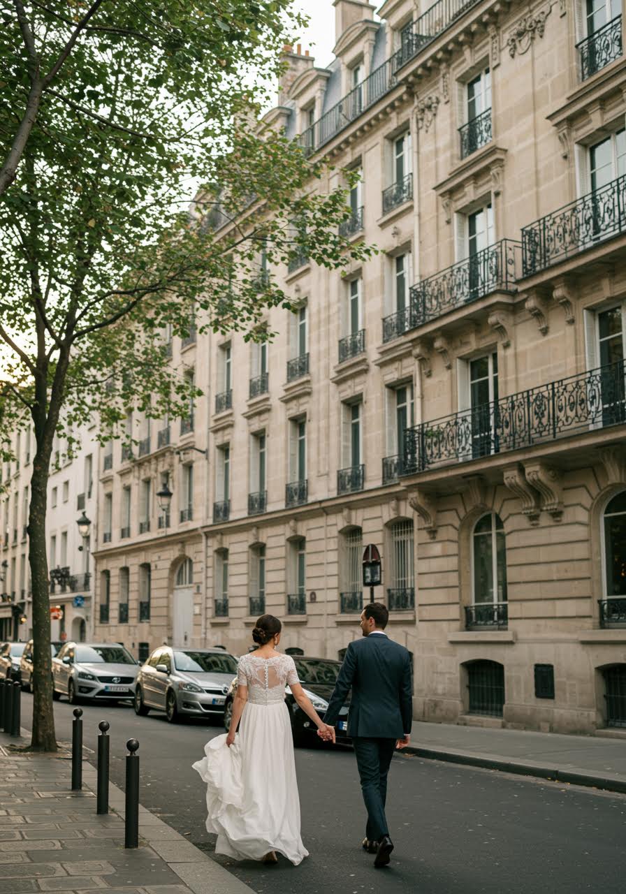 Bride and groom walking hand in hand along elegant Boulevard Saint-Germain with classic Haussmann buildings and wrought-iron balconies