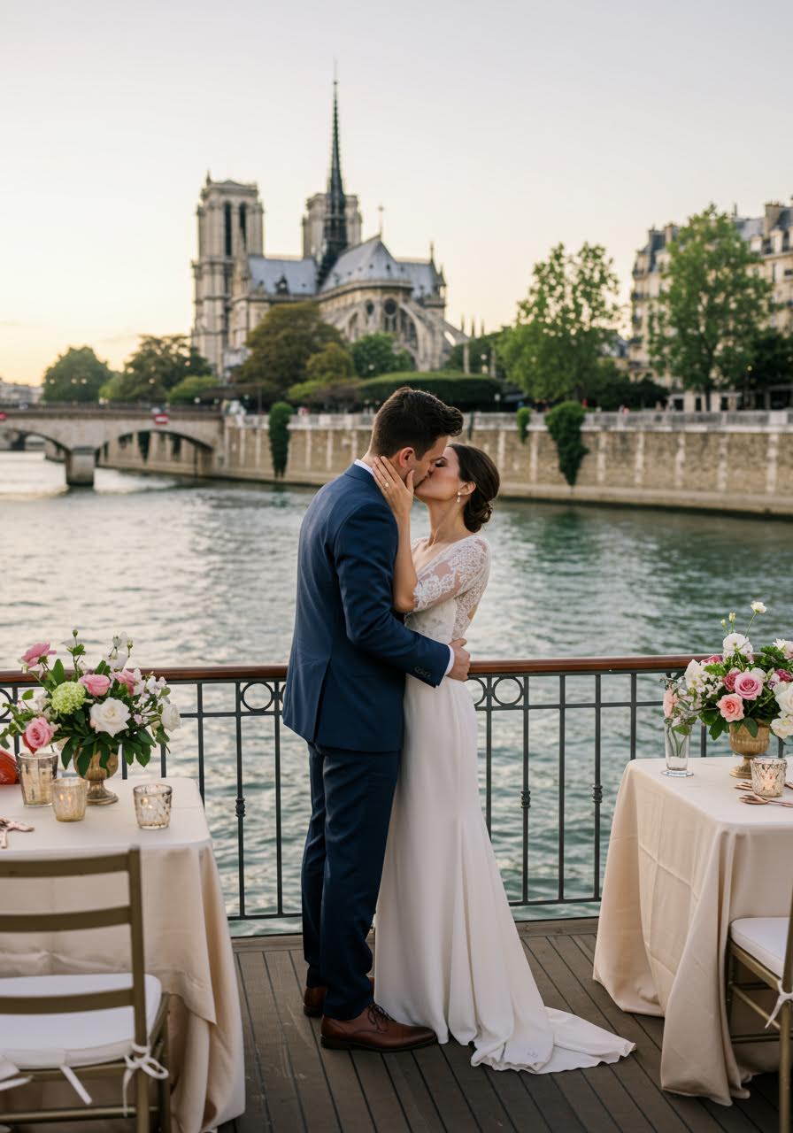Romantic wedding ceremony on vintage Seine riverboat with couple in flowing ivory gown and navy suit, Paris skyline creating backdrop