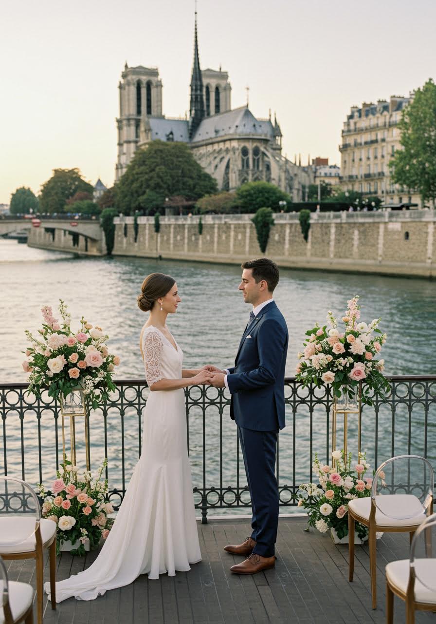 Bride and groom exchanging vows on elegant riverboat deck cruising Seine River with Notre-Dame Cathedral visible in background during golden hour