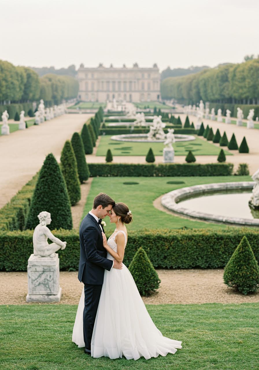 Bride and groom embracing in Palace of Versailles gardens with elaborate hedges, marble statuary and classical French garden design