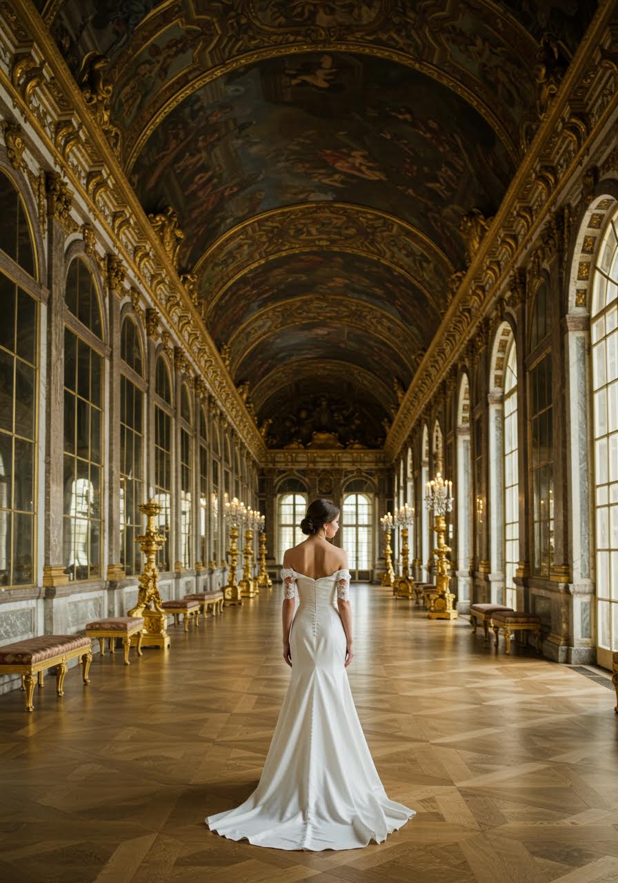 Bride in elegant off-shoulder silk wedding gown walking through ornate Hall of Mirrors at Palace of Versailles during golden hour